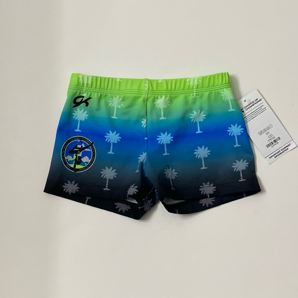 GK Elite gymnastics cheer bar shorts palm trees sz adult xs Hilton Head meet